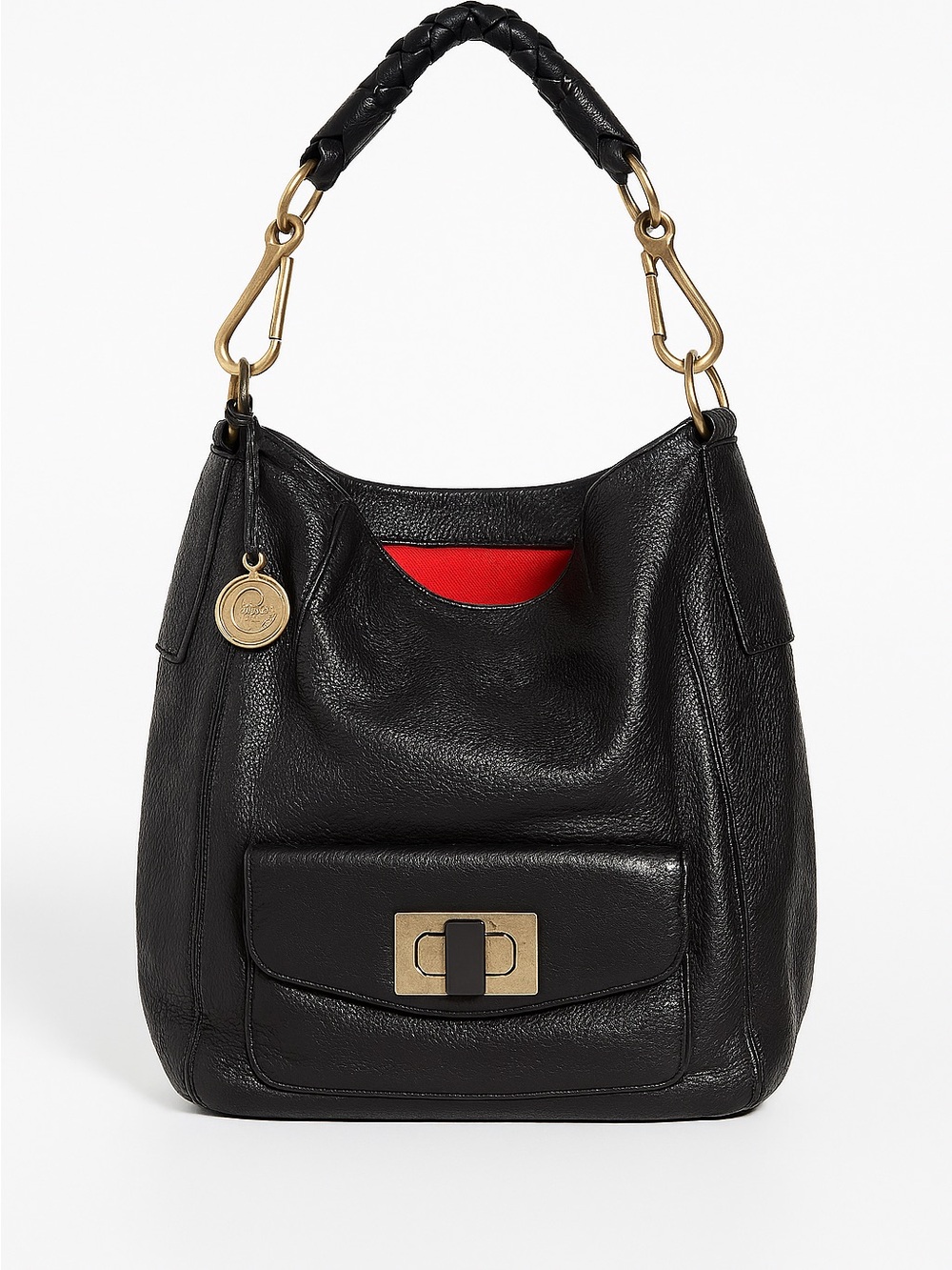 Cynthia Rowley Black Pebbled Leather Turn-Lock Hobo Bag Zip Top Gold Hardware